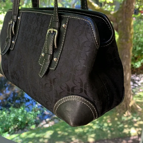 Vintage Fossil Shoulder bag large black leather canvas silver hardware Y2K - Picture 3 of 15